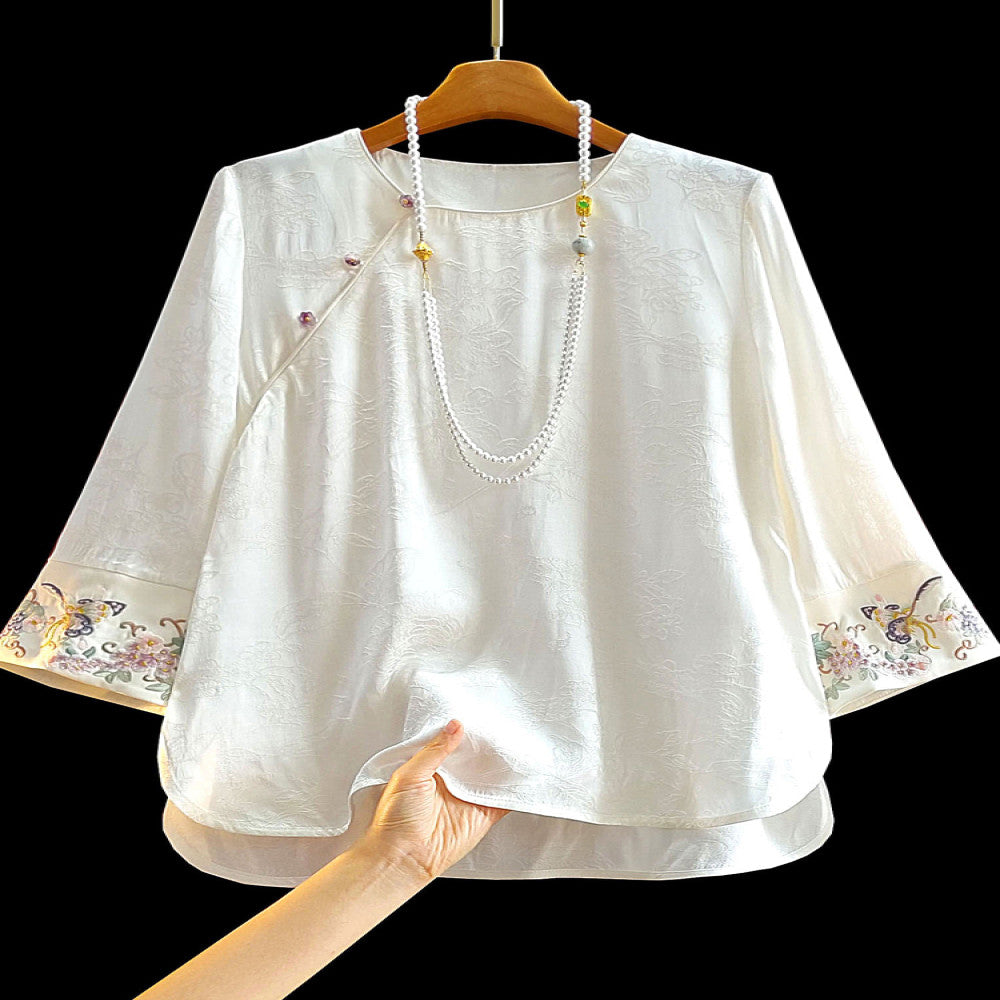 New Chinese style silk jacquard women s shirt with long sleeves spring new style improved slanted collar and buckle Chinese style versatile interior top image 2