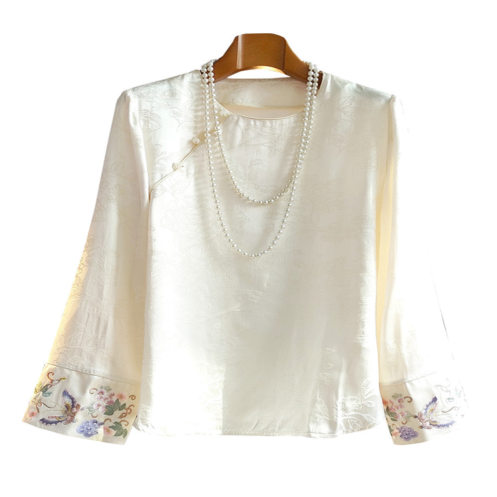 New Chinese style silk jacquard women s shirt with long sleeves spring new style improved slanted collar and buckle Chinese style versatile interior top image 5