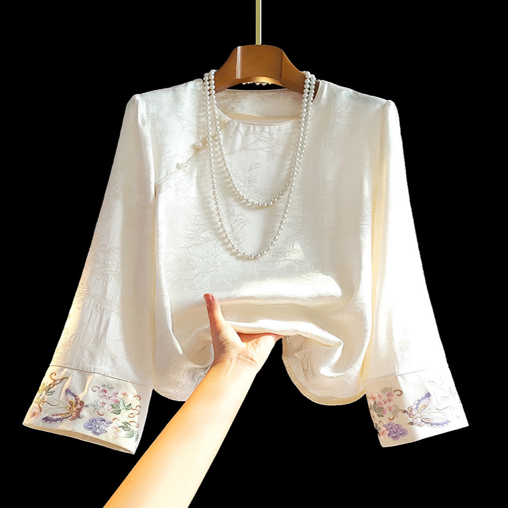 New Chinese style silk jacquard women s shirt with long sleeves spring new style improved slanted collar and buckle Chinese style versatile interior top image 0