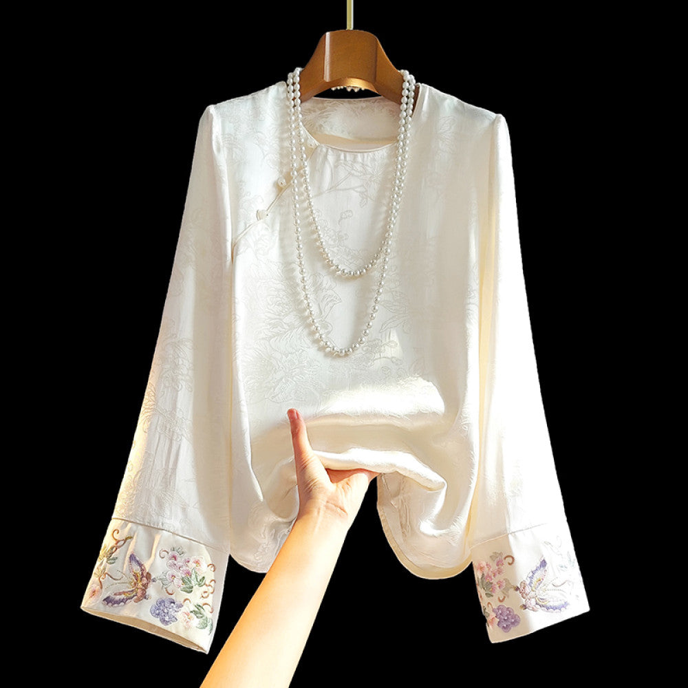 ASAYA4233 🔸 Embroidered Jacquard Oblique Button Blouse ✨👚