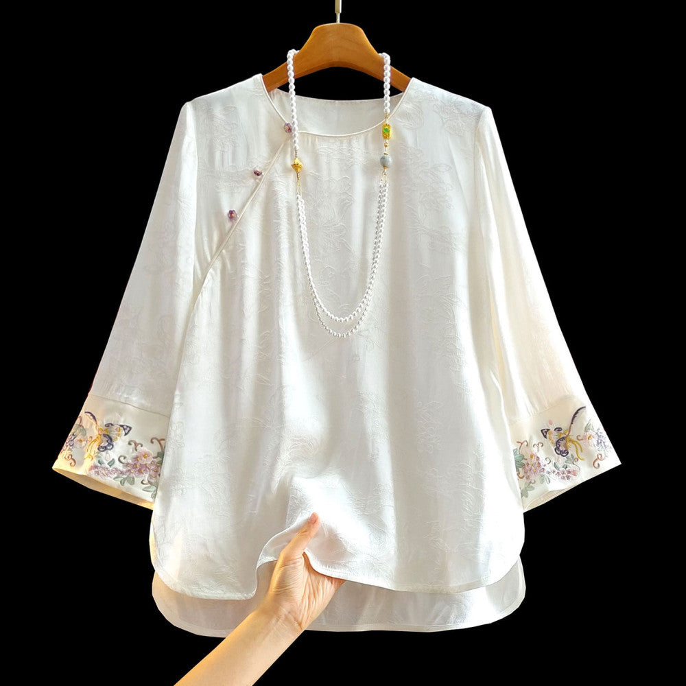 New Chinese style silk jacquard women s shirt with long sleeves spring new style improved slanted collar and buckle Chinese style versatile interior top image 21