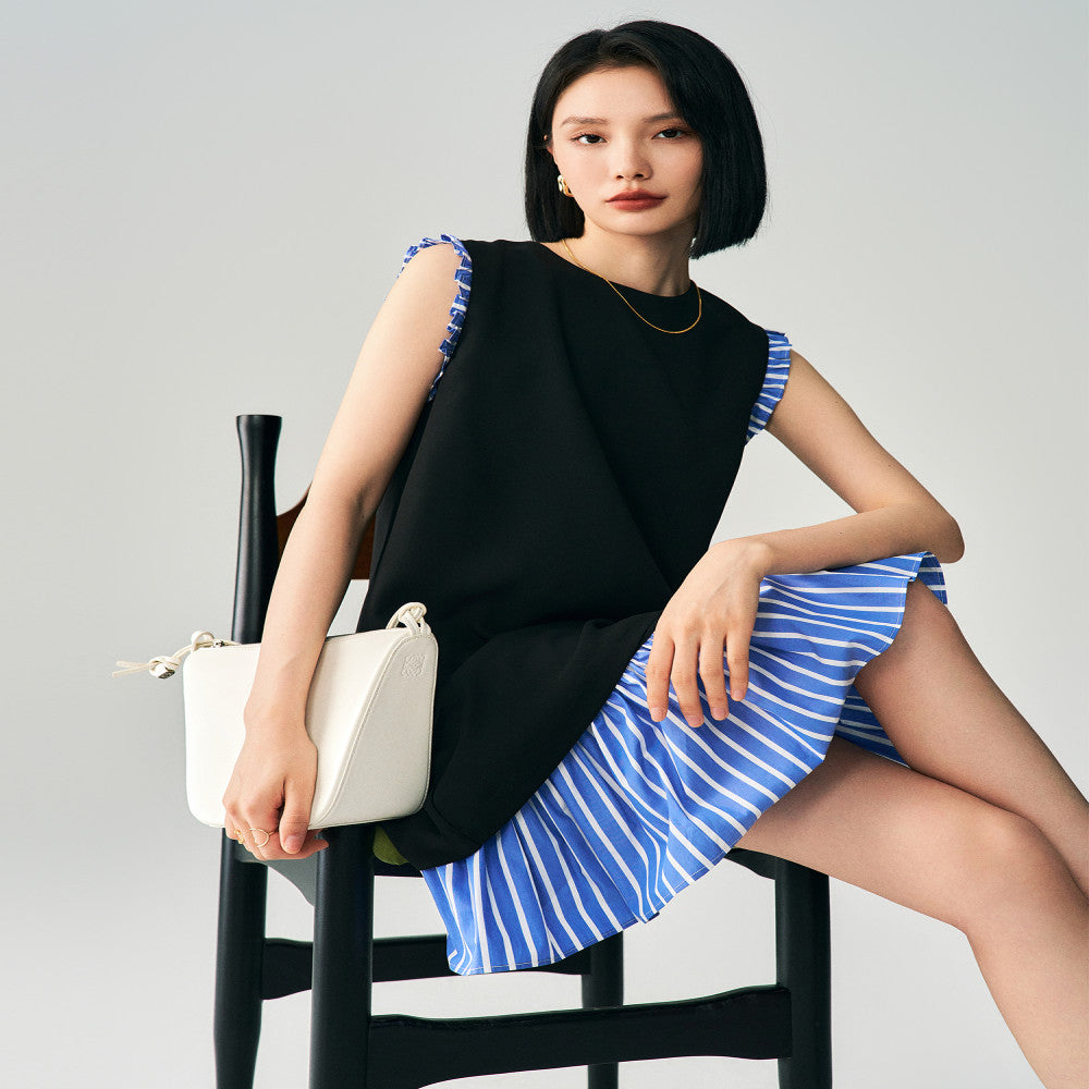Minimalist temperament summer striped patchwork triacetate dress women s sleeveless slimming French style short vest small black skirt image 5