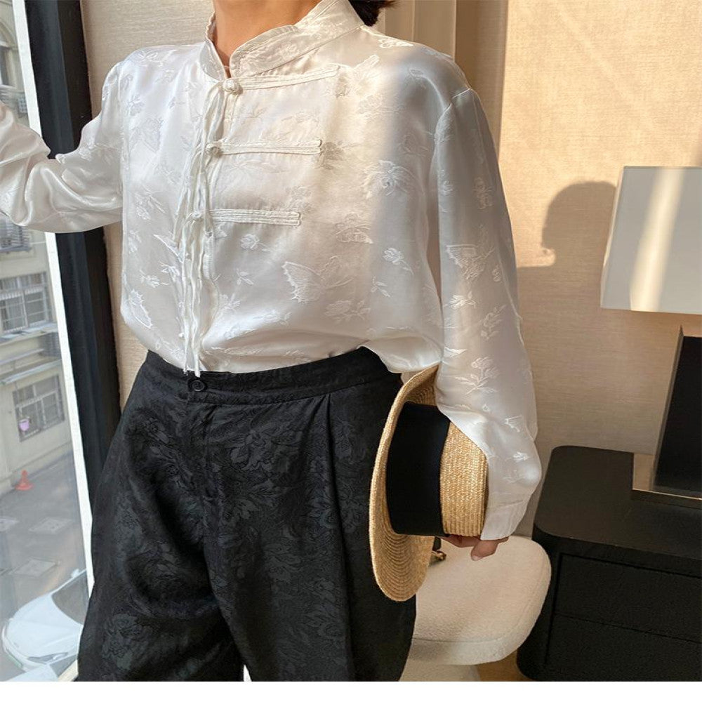Heavy duty silk top women s buckle 2025 Spring and Autumn new shirt jacquard Chinese retro silk young Tang fashion trend image 8