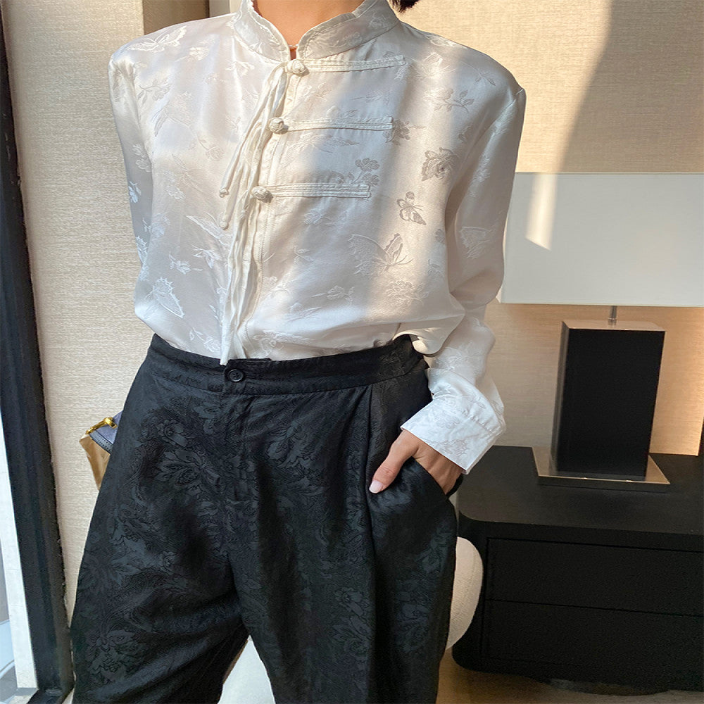 Heavy duty silk top women s buckle 2025 Spring and Autumn new shirt jacquard Chinese retro silk young Tang fashion trend image 9