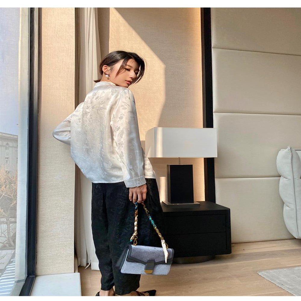 Heavy duty silk top women s buckle 2025 Spring and Autumn new shirt jacquard Chinese retro silk young Tang fashion trend image 10