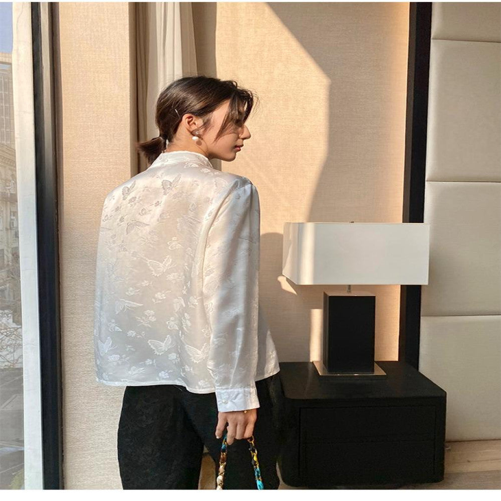 Heavy duty silk top women s buckle 2025 Spring and Autumn new shirt jacquard Chinese retro silk young Tang fashion trend image 1