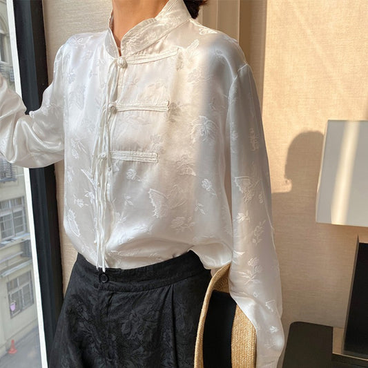 ASAYA4226 🤍 Tang Suit-Inspired Silk Blouse 🦋✨