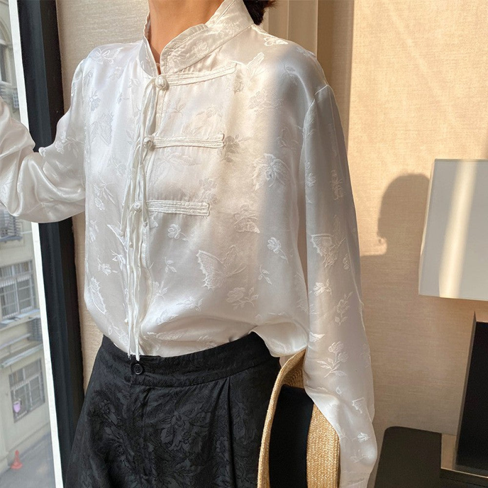 Heavy duty silk top women s buckle 2025 Spring and Autumn new shirt jacquard Chinese retro silk young Tang fashion trend image 4