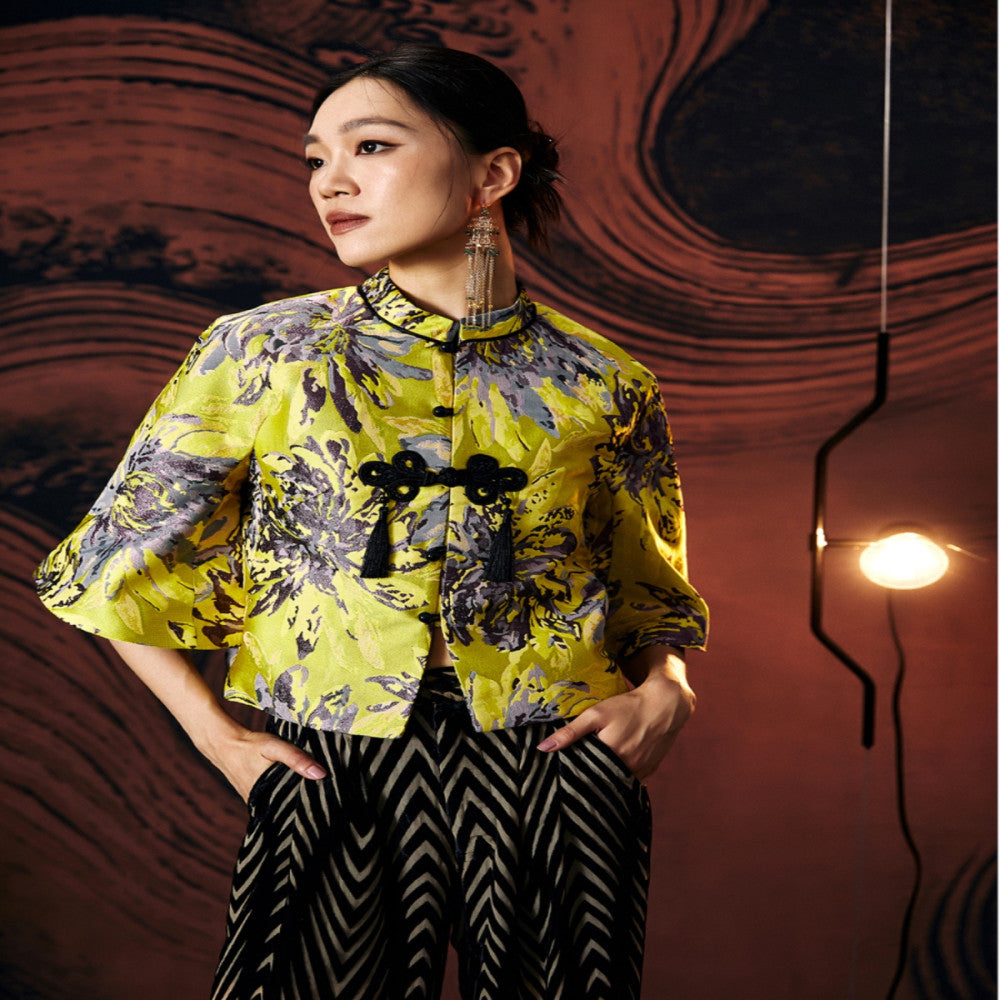Gerbera jamesonii Original retro Chinese style women s clothing with yellow dyed bamboo jacquard and improved Tang style Chinese knot jacket short top image 1