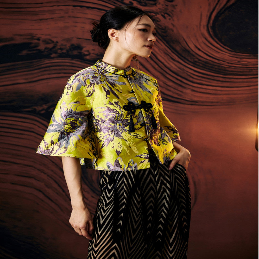 Gerbera jamesonii Original retro Chinese style women s clothing with yellow dyed bamboo jacquard and improved Tang style Chinese knot jacket short top image 3