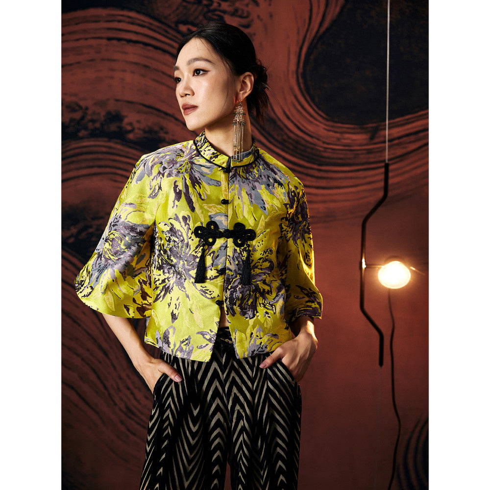 Gerbera jamesonii Original retro Chinese style women s clothing with yellow dyed bamboo jacquard and improved Tang style Chinese knot jacket short top image 7
