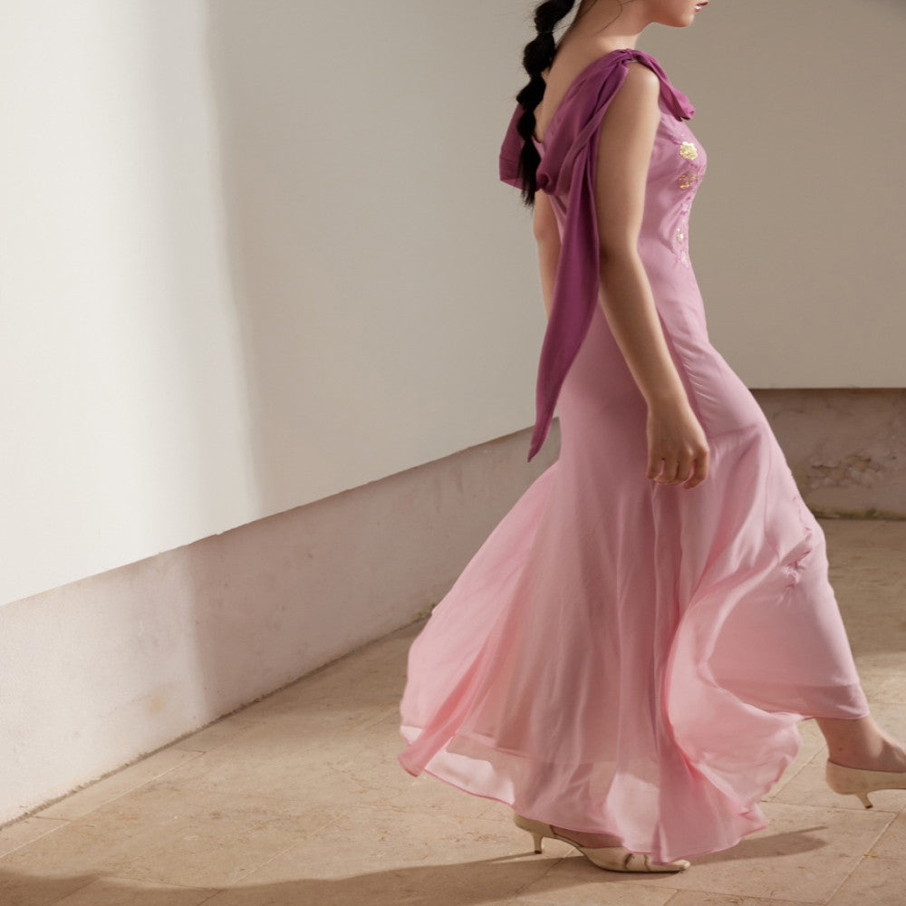 Bead Embroidery Customized Gradient Rose Pink Slant Cut Fish Tail Pendant Dress image 2