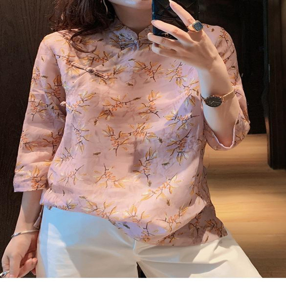 Women s shirt design sense niche 2025 Spring and Autumn new ramie Chinese retro top improved cheongsam Tang style buckle image 2