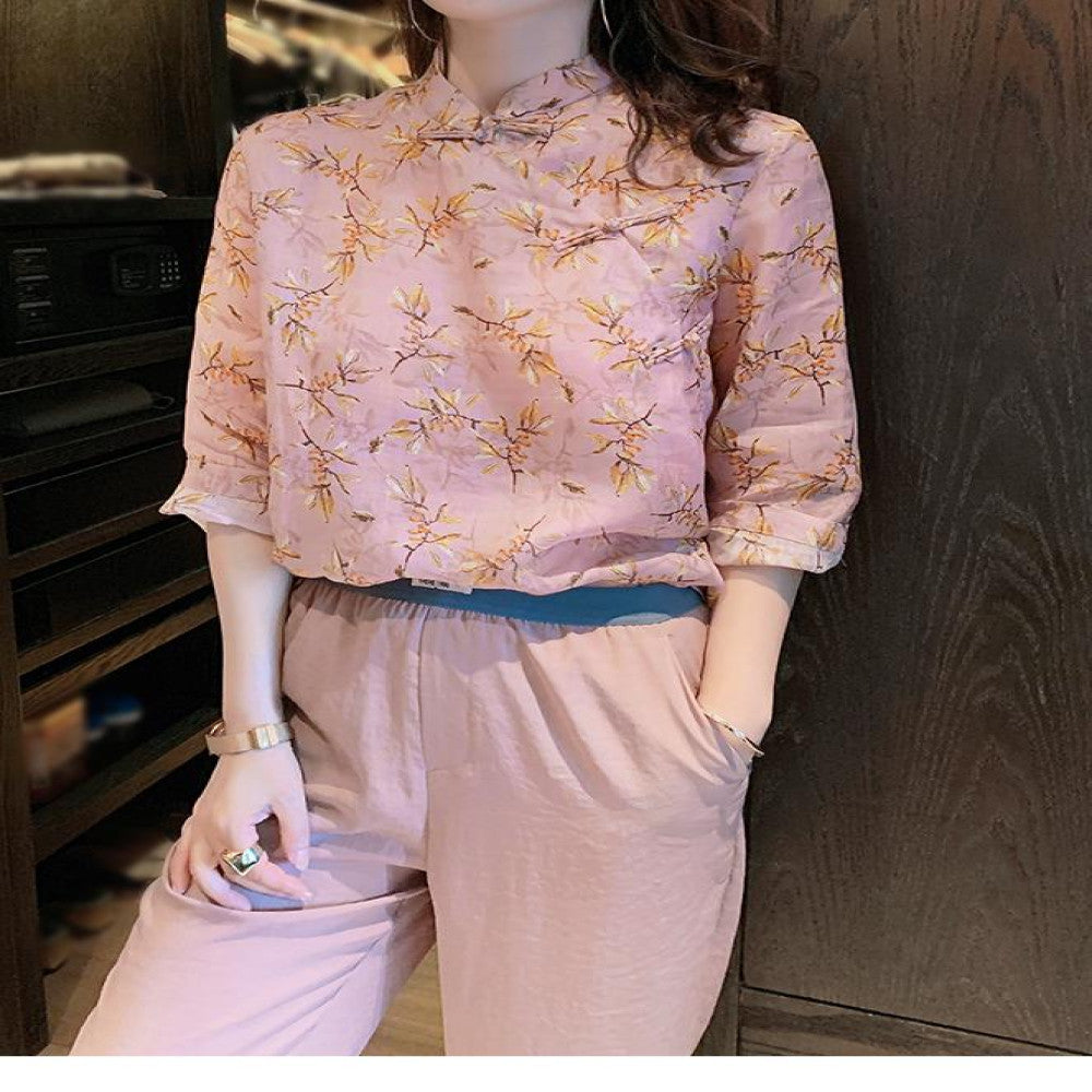 Women s shirt design sense niche 2025 Spring and Autumn new ramie Chinese retro top improved cheongsam Tang style buckle image 3