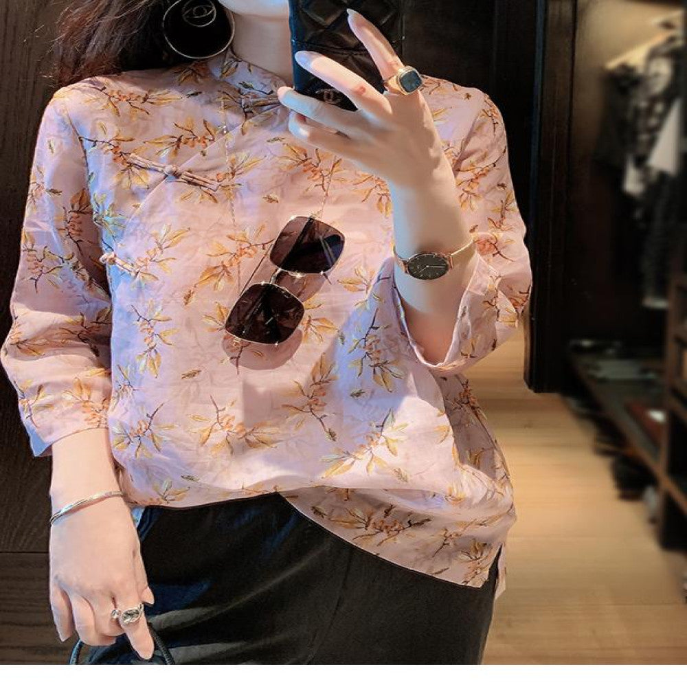 Women s shirt design sense niche 2025 Spring and Autumn new ramie Chinese retro top improved cheongsam Tang style buckle image 4
