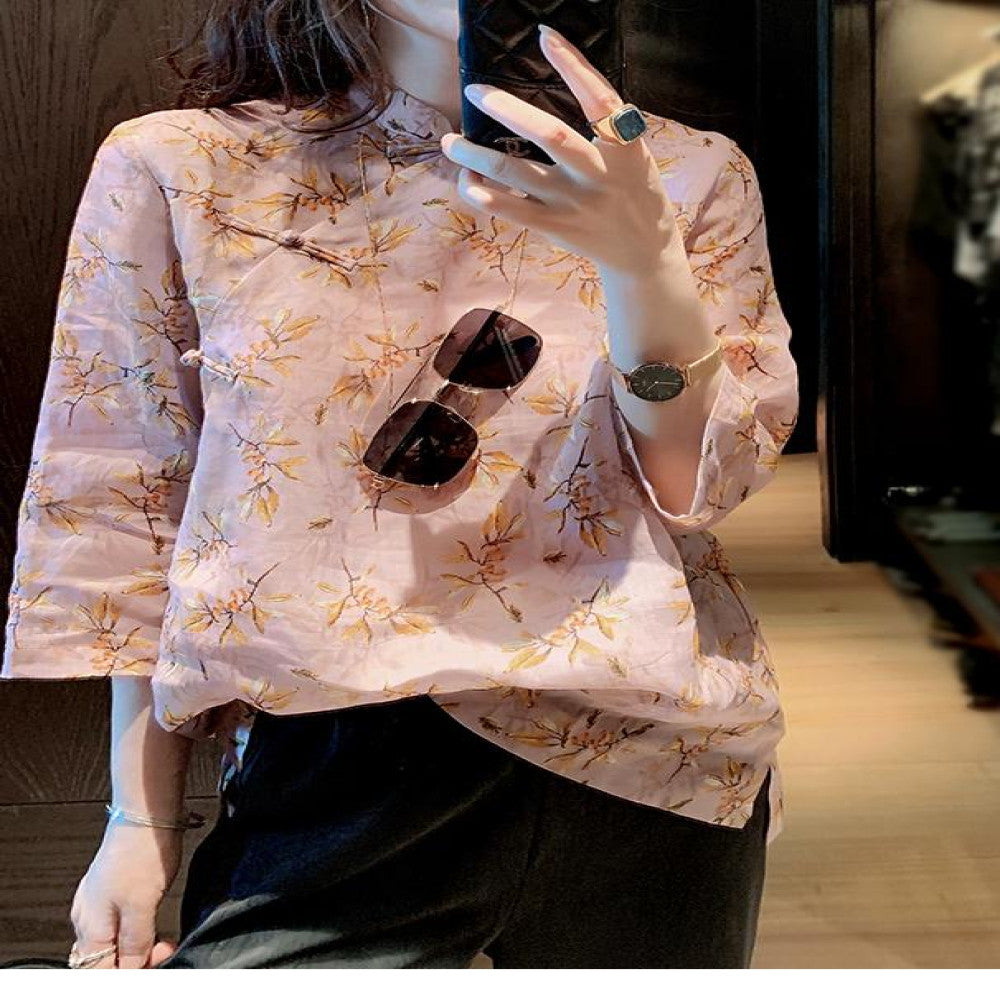 Women s shirt design sense niche 2025 Spring and Autumn new ramie Chinese retro top improved cheongsam Tang style buckle image 0