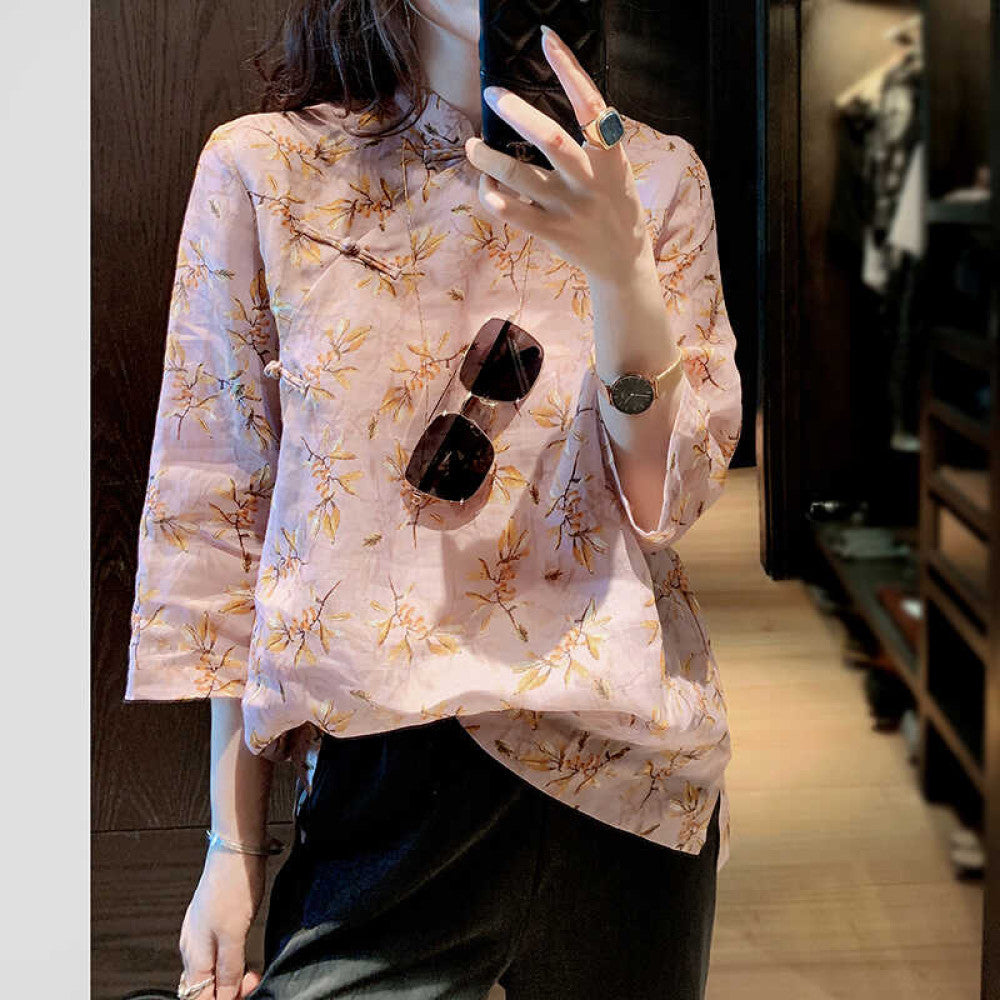Women s shirt design sense niche 2025 Spring and Autumn new ramie Chinese retro top improved cheongsam Tang style buckle image 8