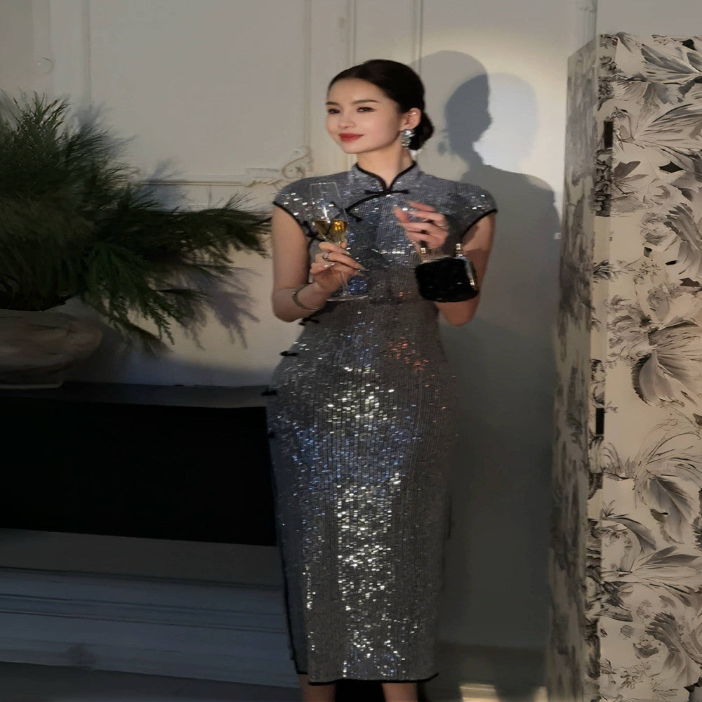 journeyj original silver sequined cheongsam dress small dress high end new Chinese New Year party image 4