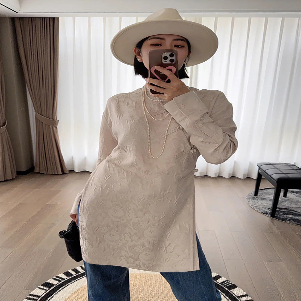 In stock new Chinese style jacquard slant collar button top long unique small fragrance style modified qipao tea suit image 2