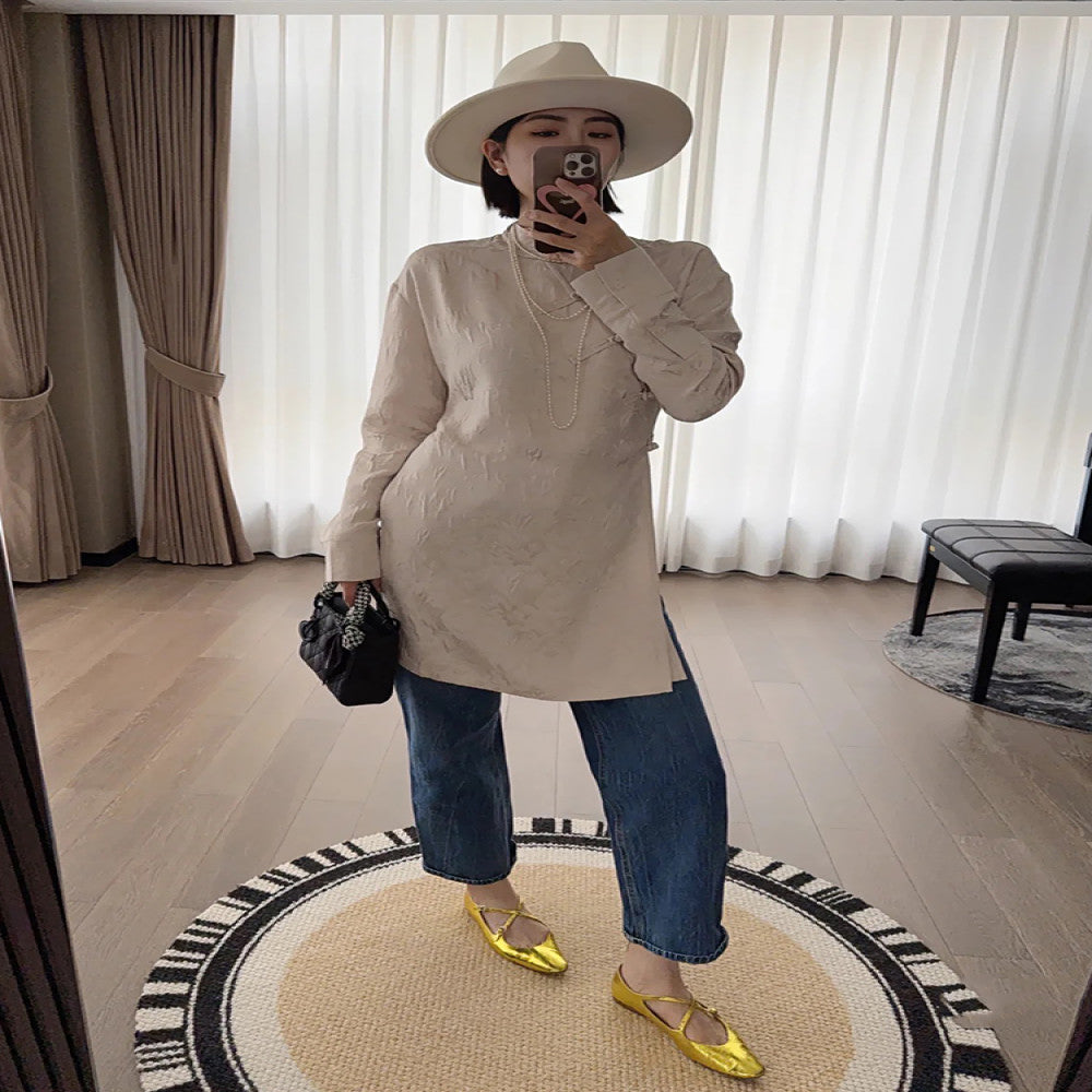 In stock new Chinese style jacquard slant collar button top long unique small fragrance style modified qipao tea suit image 5