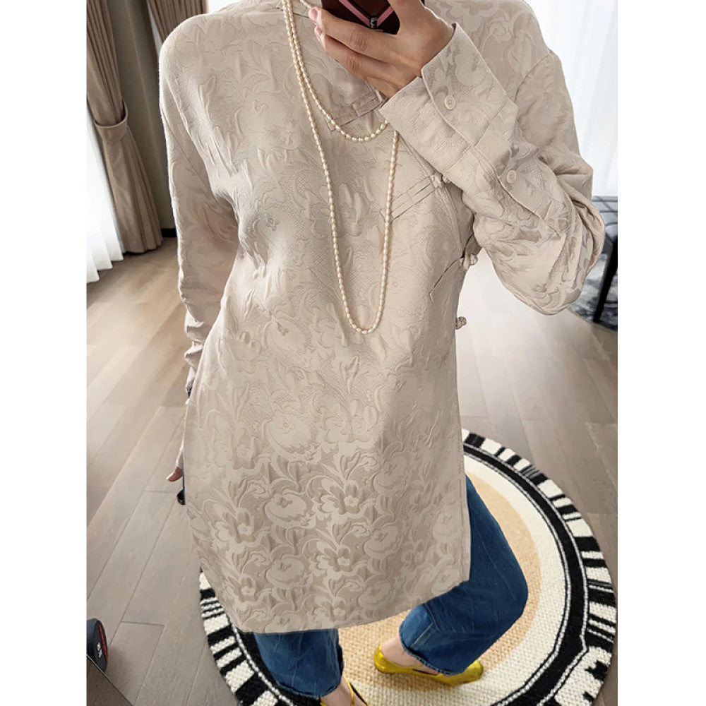 In stock new Chinese style jacquard slant collar button top long unique small fragrance style modified qipao tea suit image 9