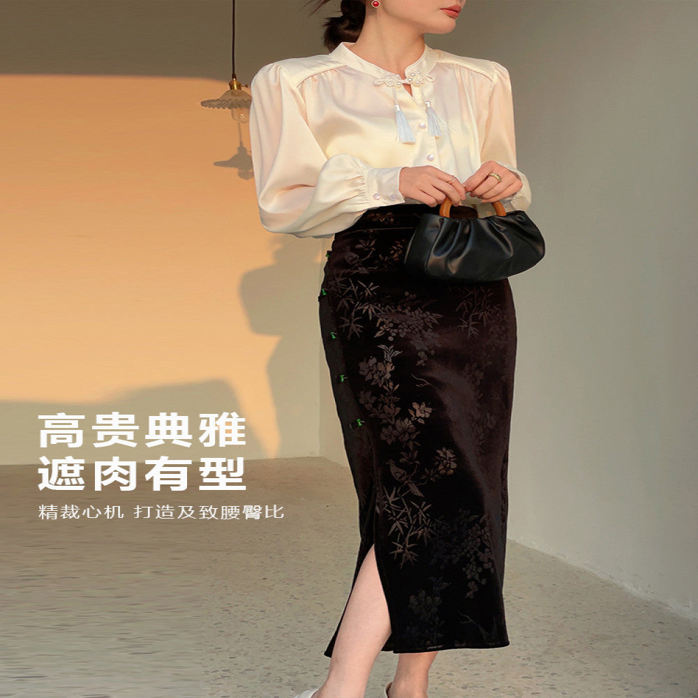 Black Jacquard Half length Skirt for Women Spring and Autumn 2025 New Style Chinese Style Women s Wear Plate Buckle Open Fork Hip Wrapping Skirt image 3