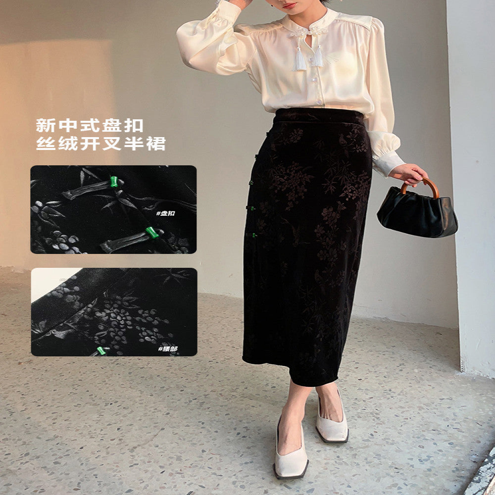 Black Jacquard Half length Skirt for Women Spring and Autumn 2025 New Style Chinese Style Women s Wear Plate Buckle Open Fork Hip Wrapping Skirt image 5