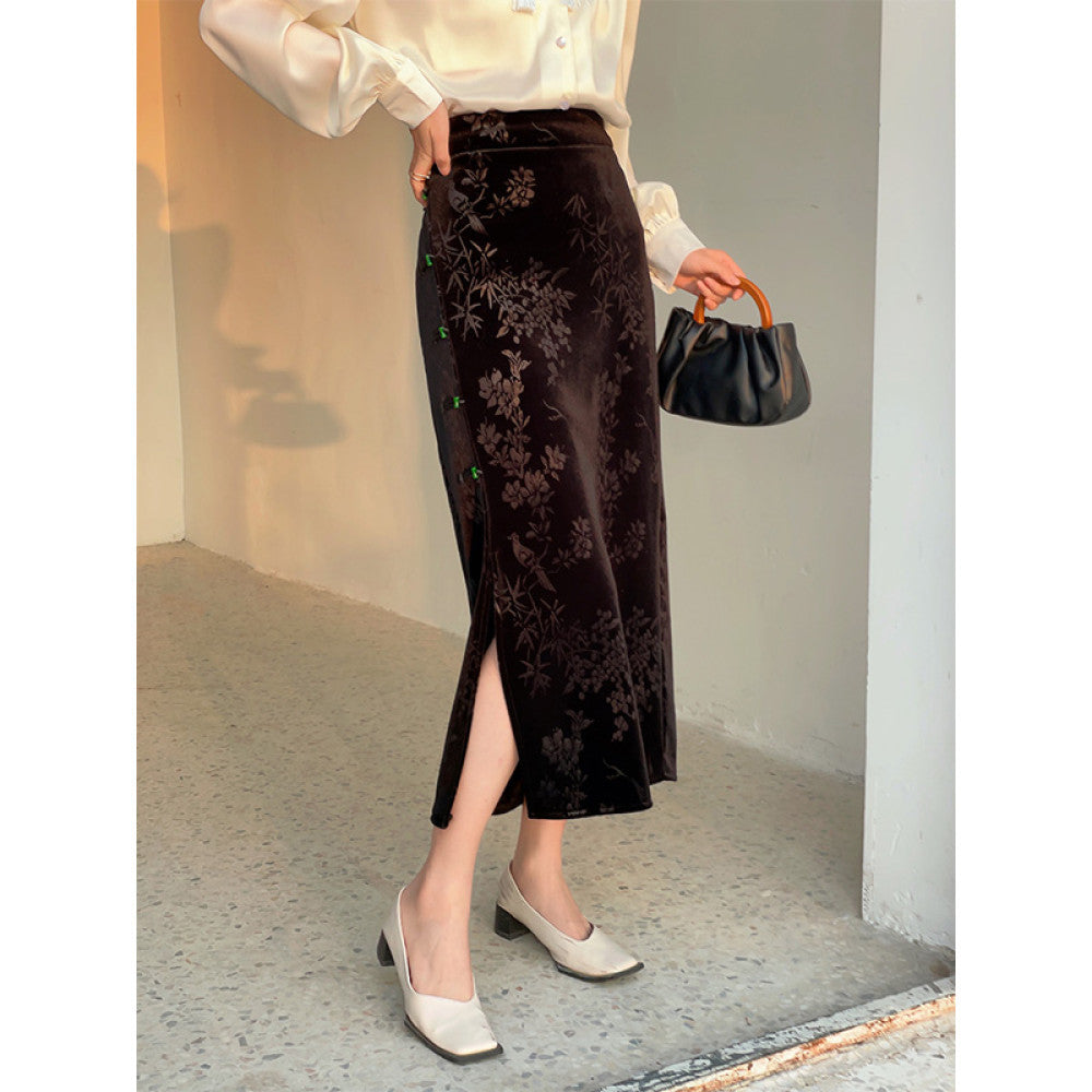 Black Jacquard Half length Skirt for Women Spring and Autumn 2025 New Style Chinese Style Women s Wear Plate Buckle Open Fork Hip Wrapping Skirt image 9