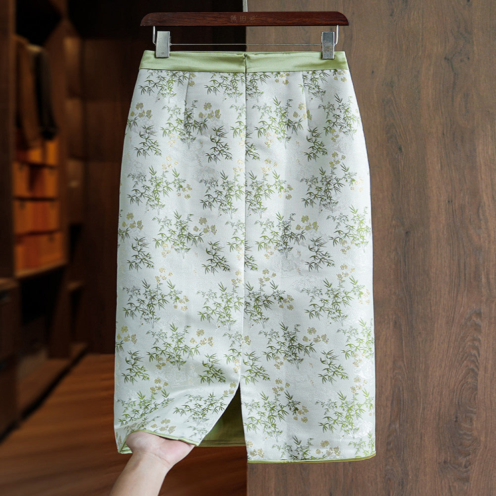 Green temperament new Chinese style buttoned skirt women s autumn and winter new retro national style jacquard high waist slit A line skirt image 2