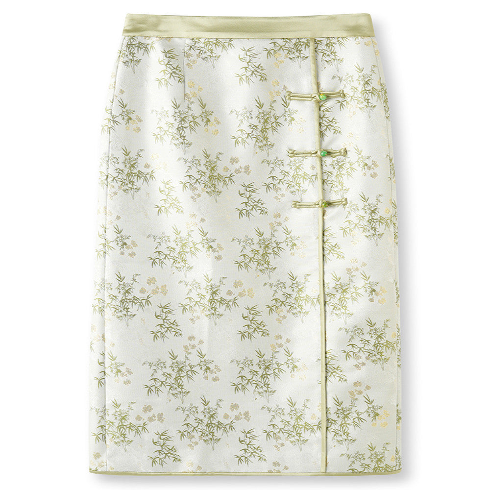 Green temperament new Chinese style buttoned skirt women s autumn and winter new retro national style jacquard high waist slit A line skirt image 5