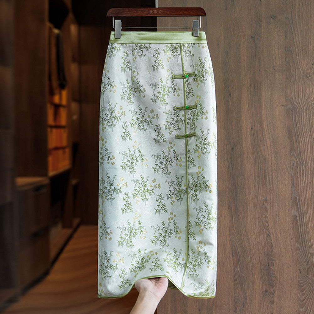 Green temperament new Chinese style buttoned skirt women s autumn and winter new retro national style jacquard high waist slit A line skirt image 6
