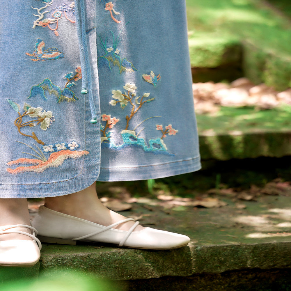 Flower making New Chinese style Original Chinese style Cowboy Embroidered Half length Skirt Women s Retro Design Sense Long Skirt Summer image 3