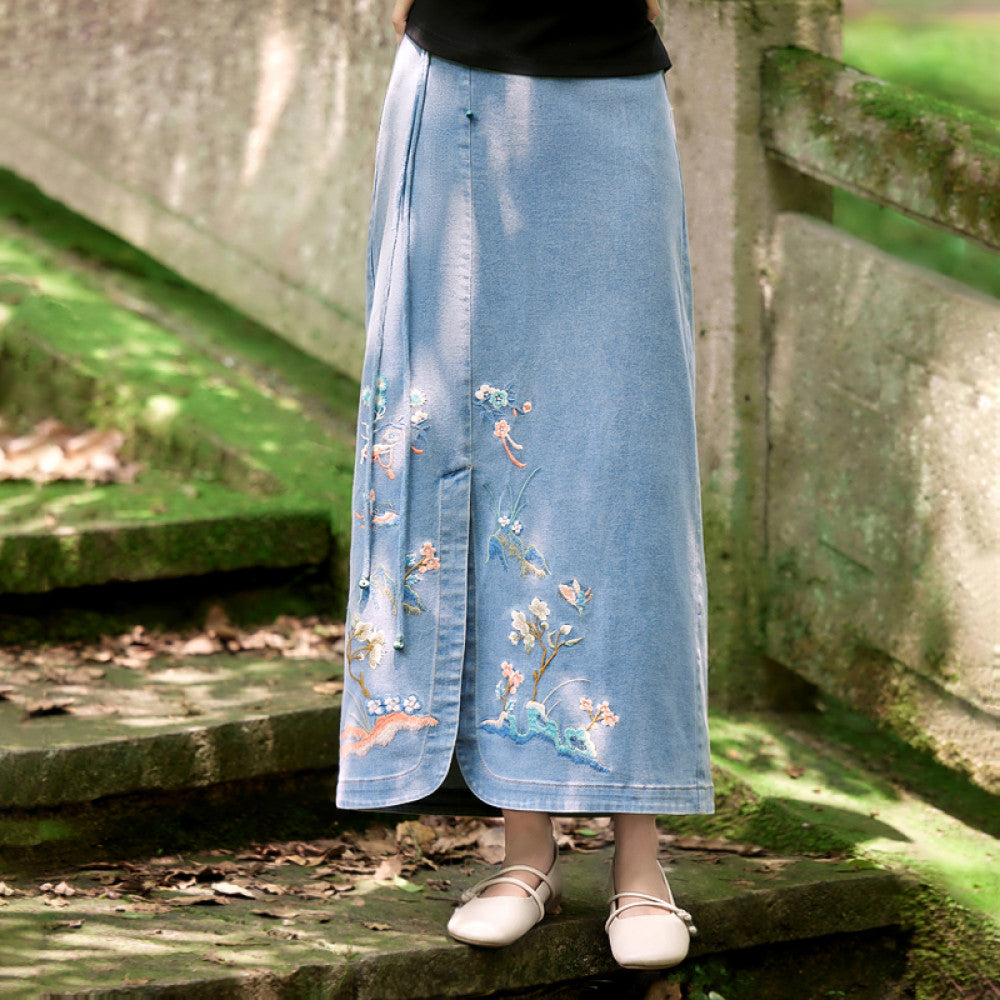 Flower making New Chinese style Original Chinese style Cowboy Embroidered Half length Skirt Women s Retro Design Sense Long Skirt Summer image 8