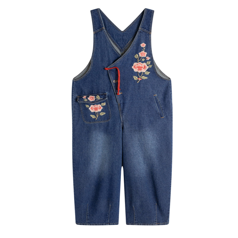 HuaZuoXingChuan original Chinese style embroidery denim overalls women s loose design sense age reducing wide leg pants summer image 5