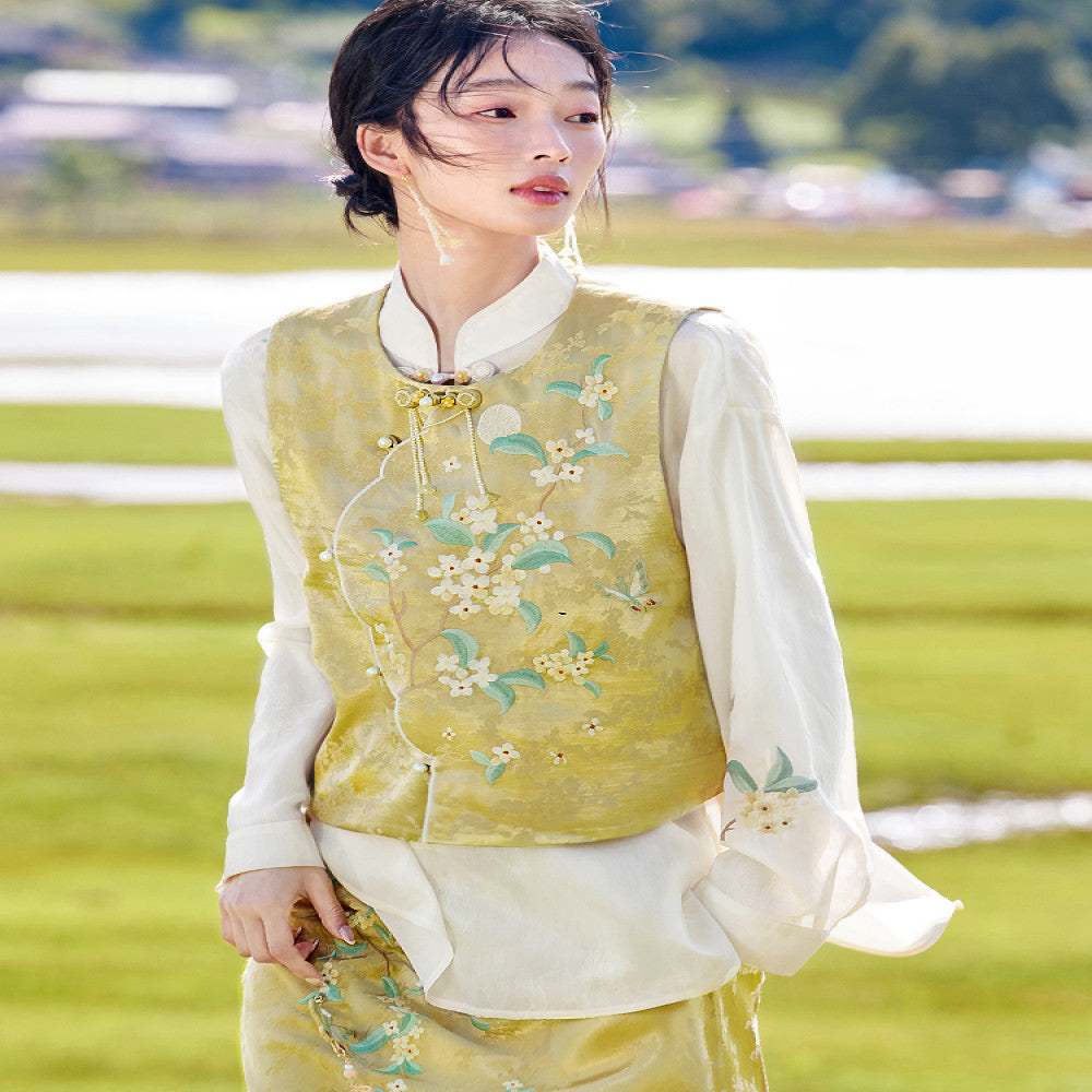 Flower production Osmanthus series Jinghuayao original Chinese style embroidery suit female new Chinese vest skirt summer image 1