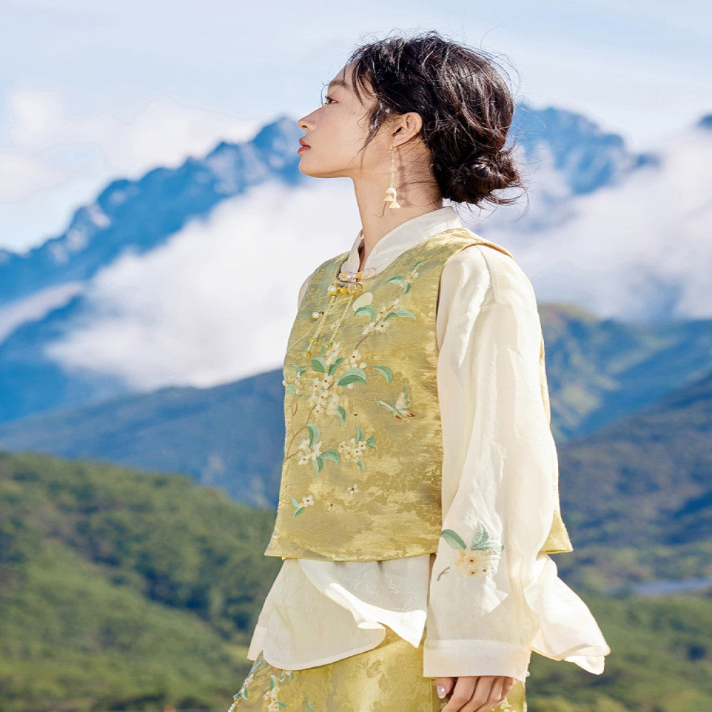 Flower production Osmanthus series Jinghuayao original Chinese style embroidery suit female new Chinese vest skirt summer image 3