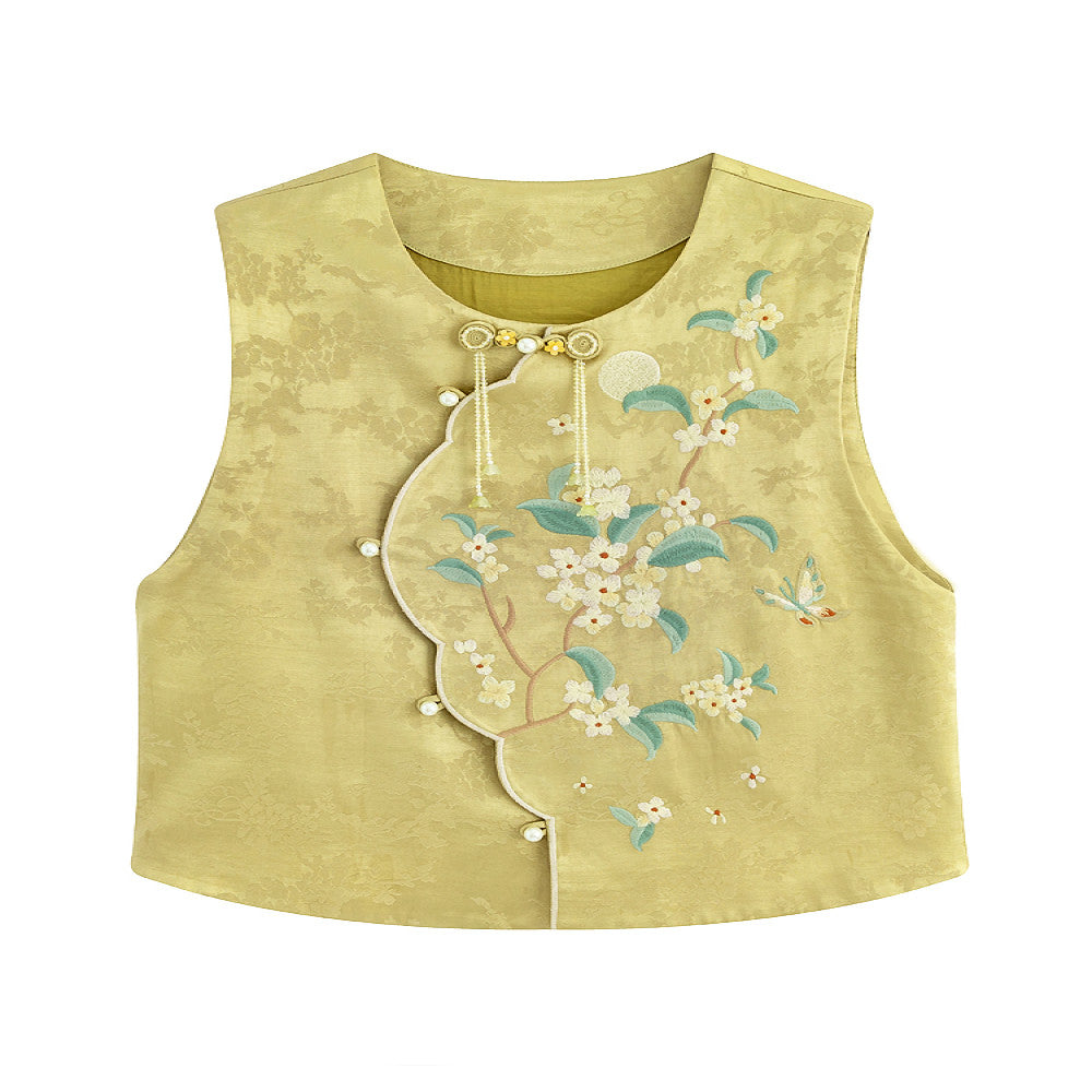 Flower production Osmanthus series Jinghuayao original Chinese style embroidery suit female new Chinese vest skirt summer image 5