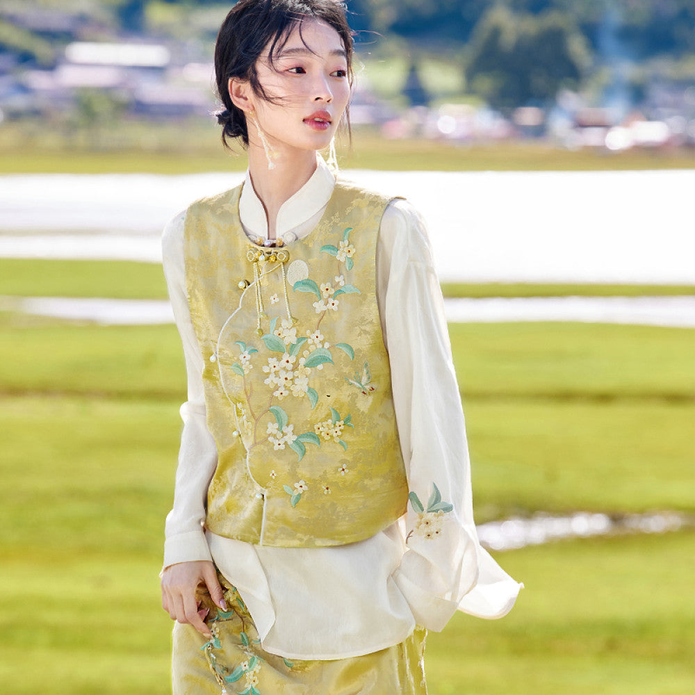Flower production Osmanthus series Jinghuayao original Chinese style embroidery suit female new Chinese vest skirt summer image 10