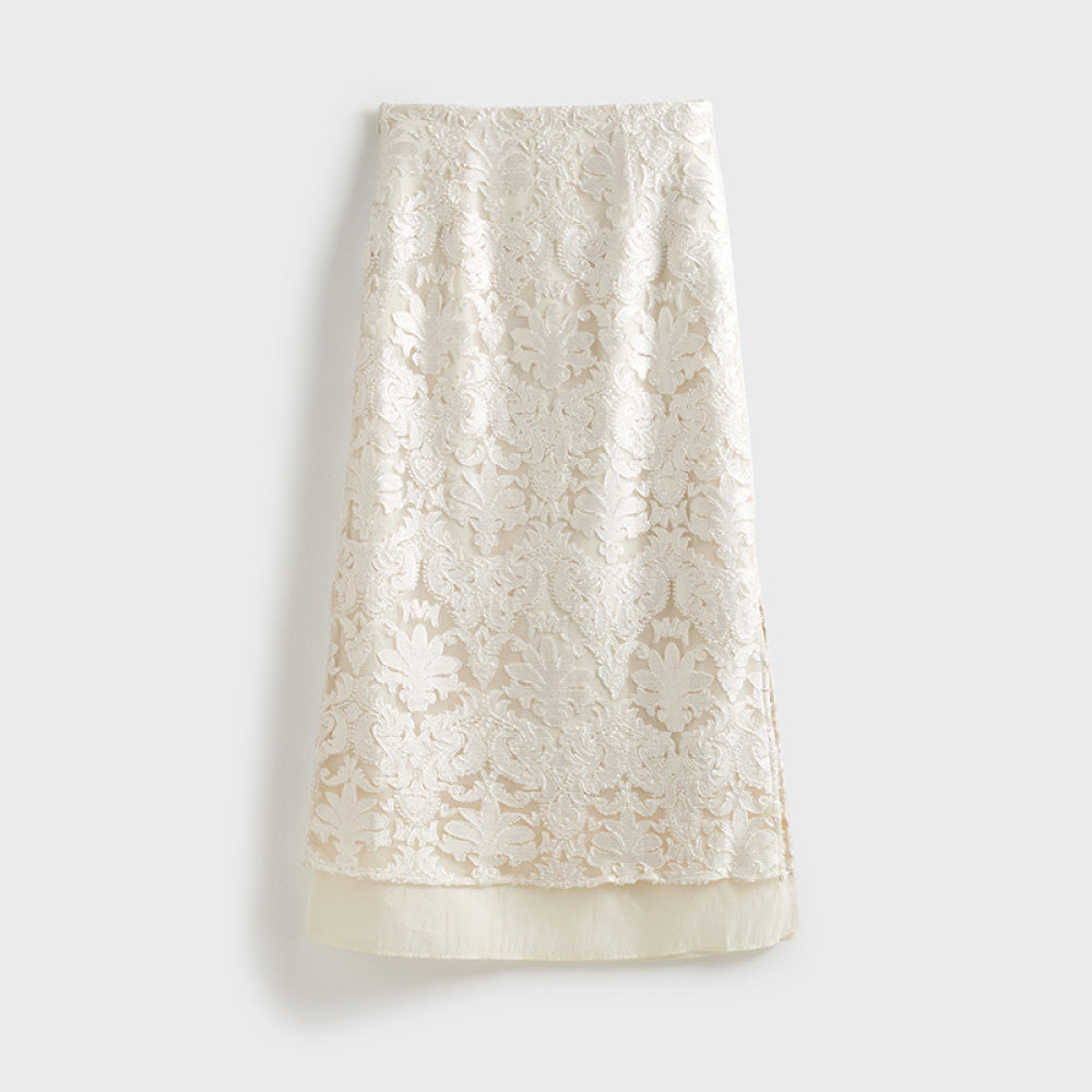 Jiaqi Custom High end Korean imported burnt out fabric Elegant hip hugging handmade lace skirt with side slits image 4