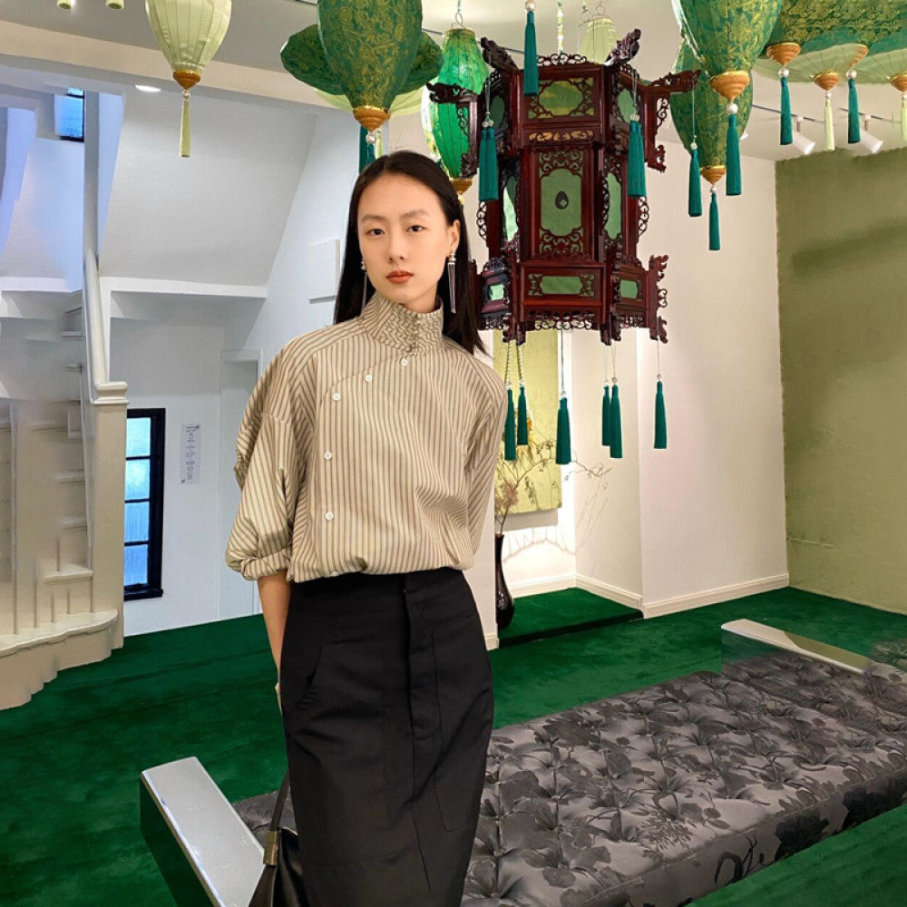 New Chinese design commuter buttoned half high collar oblique lapel striped shirt cuff tie shirt tops spring and summer new image 2