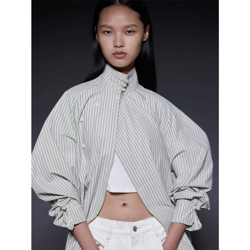 New Chinese design commuter buttoned half high collar oblique lapel striped shirt cuff tie shirt tops spring and summer new image 3