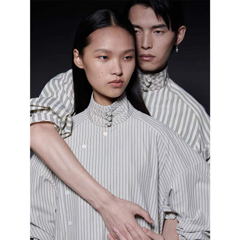 New Chinese design commuter buttoned half high collar oblique lapel striped shirt cuff tie shirt tops spring and summer new image 4