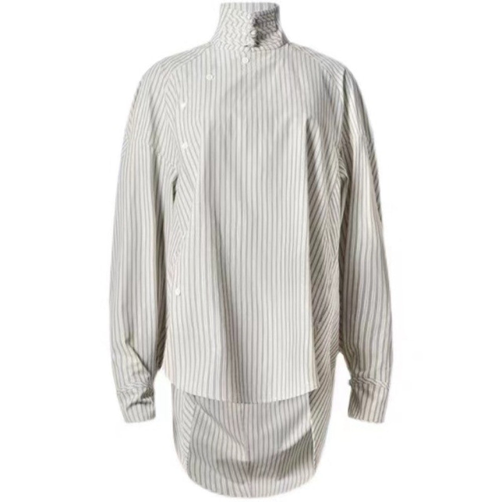 New Chinese design commuter buttoned half high collar oblique lapel striped shirt cuff tie shirt tops spring and summer new image 5