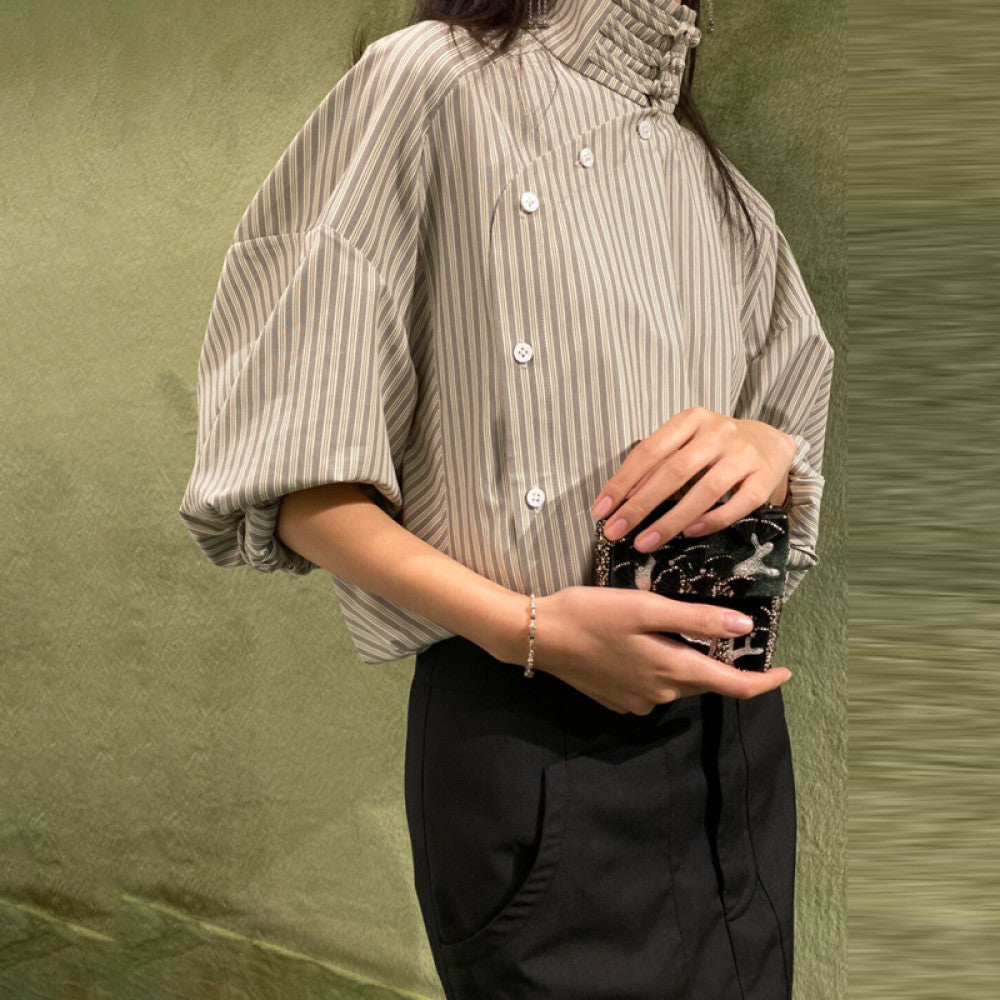New Chinese design commuter buttoned half high collar oblique lapel striped shirt cuff tie shirt tops spring and summer new image 10
