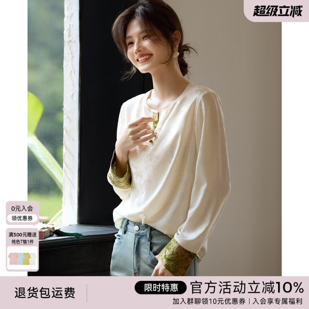 XWI Xinwei New Chinese style satin jacquard color blocked shirt for women s early autumn 2025 design sense small shirt top image 1
