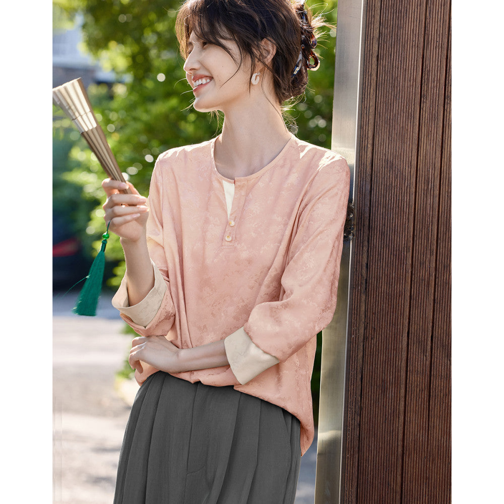 XWI Xinwei New Chinese style satin jacquard color blocked shirt for women s early autumn 2025 design sense small shirt top image 2