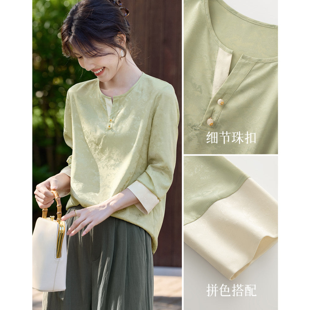 XWI Xinwei New Chinese style satin jacquard color blocked shirt for women s early autumn 2025 design sense small shirt top image 3