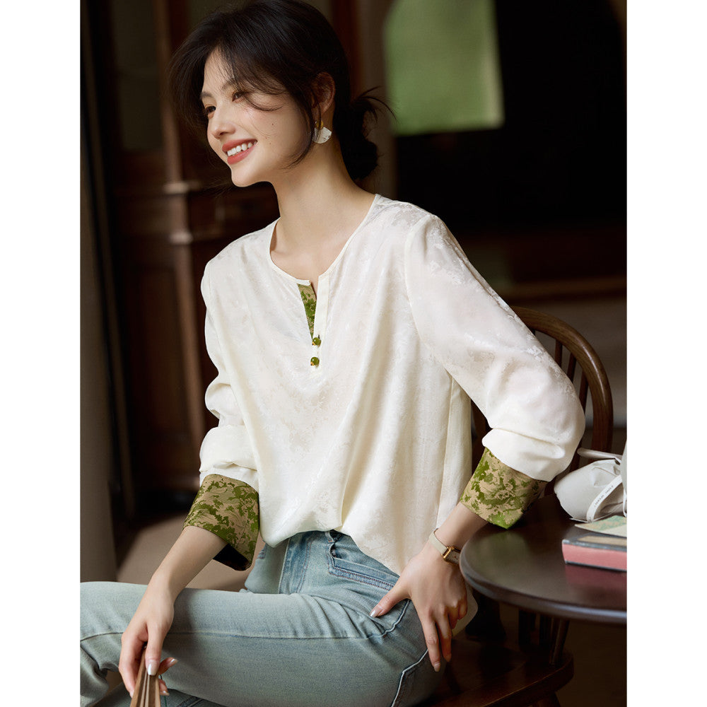 XWI Xinwei New Chinese style satin jacquard color blocked shirt for women s early autumn 2025 design sense small shirt top image 4