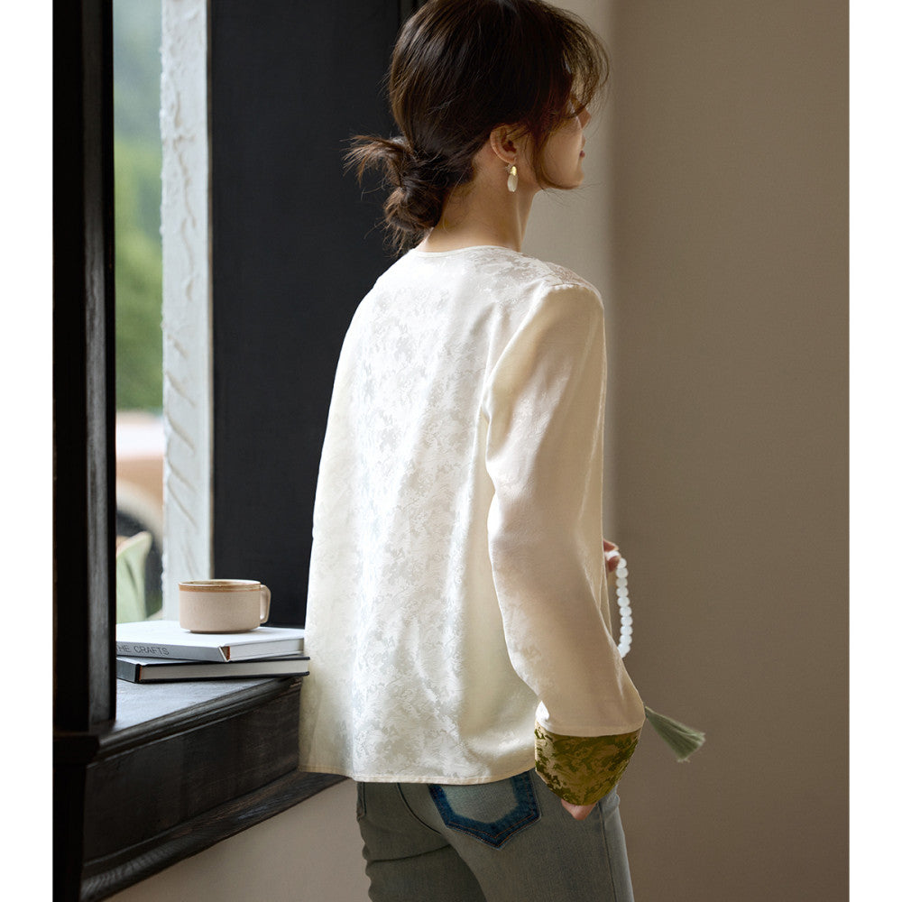 XWI Xinwei New Chinese style satin jacquard color blocked shirt for women s early autumn 2025 design sense small shirt top image 5