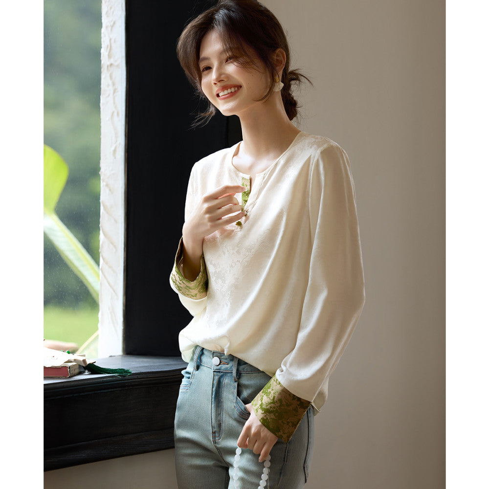 XWI Xinwei New Chinese style satin jacquard color blocked shirt for women s early autumn 2025 design sense small shirt top image 7